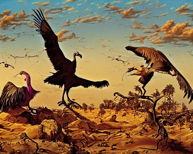 Image similar to vultures feeding on carrion in the desert, caricature, surreal, colorful