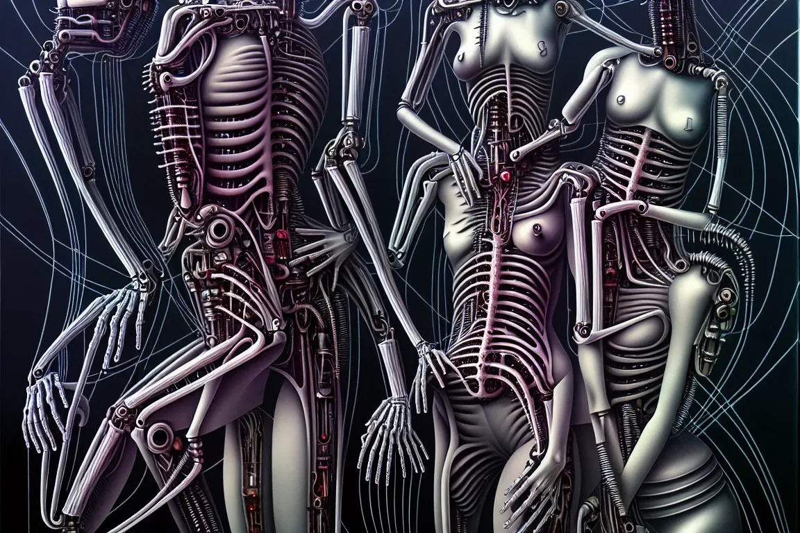 Prompt: A nightmarish dreamscape of two interconnected biomechanical android woman with surreal physiology, high details, surrealism, monochromatic airbrush painting, style of H. R. Giger