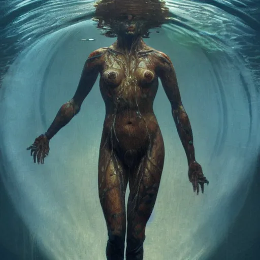 Image similar to a photograph of a creature made out of a humanoid nervous system submerged in the water, cinematic, volumetric lighting, f 8 aperture, cinematic eastman 5 3 8 4 film, photorealistic by greg rutkowski, by stanley artgerm, by alphonse mucha