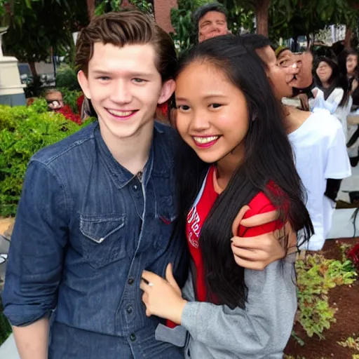 Image similar to Tom Holland with his arm around a Filipina college girl at Chapman University