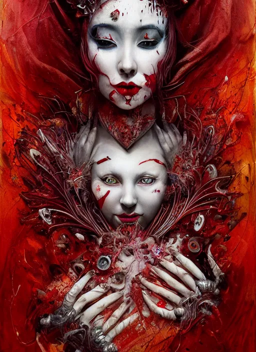 Image similar to queen of hearts, highly detailed, cinematic, 8 k, by megan duncanson, stanley artgermm, tom bagshaw, craig mullins, carne griffiths, ayami kojima, beksinski, giger, trending on deviantart, hyper detailed, horror, full of colour