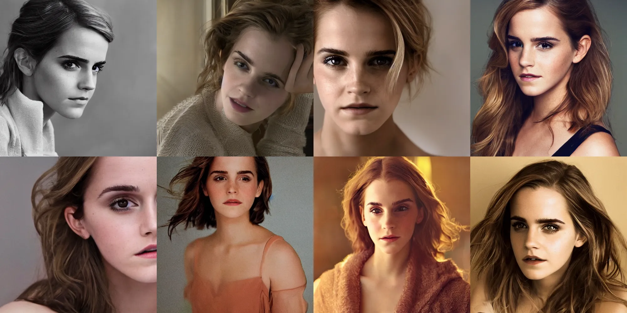 Prompt: a beautiful close - up shot of emma watson, beautiful soft light failling on her face, golden hour, bokeh, studio photography by annie leibovitz