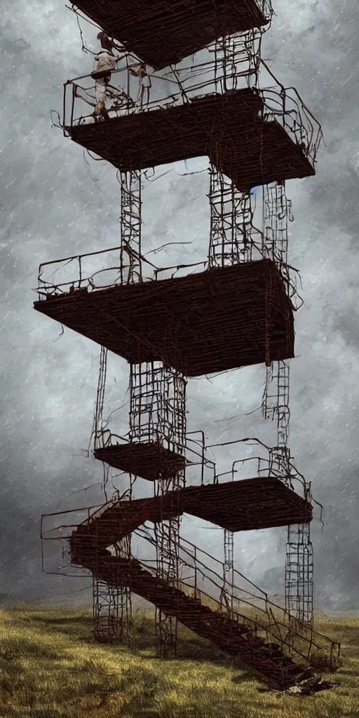 Image similar to a rusty old and wire upside - down edgy giant staircase to heaven, building construction, storm, misty background, in the game pathologic 2, highly detailed, sharp focus, matte painting, by rhads, artgerm, isaac levitan and asher brown durand,