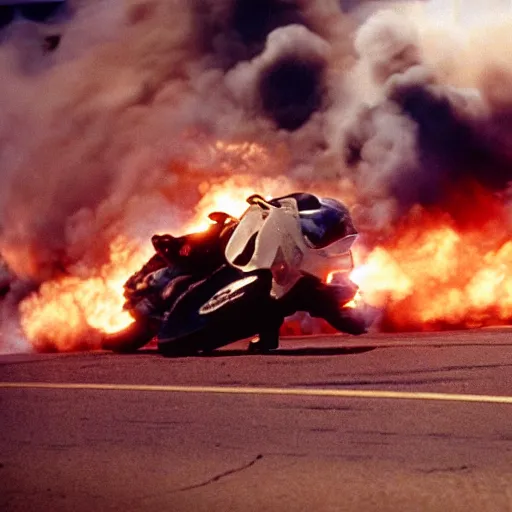 Image similar to film still from the 'Epic Action Movie' (1995). Exciting action scene of a motorcycle and explosions. Sigma 85mm f/8