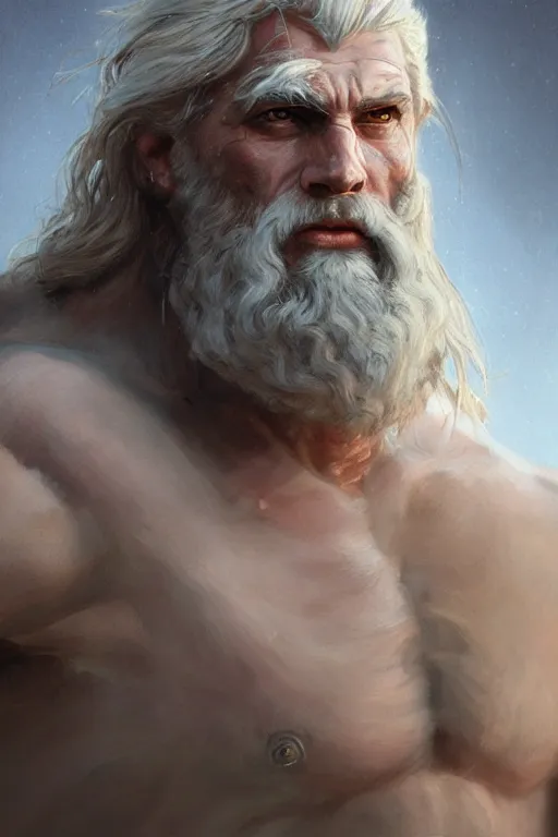 Prompt: painted portrait of rugged zeus, god of thunder, greek god, white hair, masculine, mature, handsome, upper body, muscular, hairy chest, fantasy, intricate, elegant, highly detailed, digital painting, artstation, concept art, smooth, sharp focus, illustration, art by gaston bussiere and craig mullins