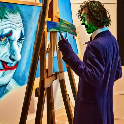 Image similar to photograph of the joker ( 2 0 1 9 ) as a professional artist, standing at an easel with paint, photograph, 3 5 mm, 8 k