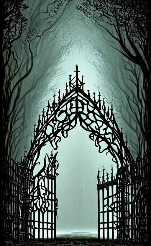 Prompt: beautiful digital painting high quality heavy iron gothic gate in the woods cobblestone ground by Eyvind Earle , ,artstation behance