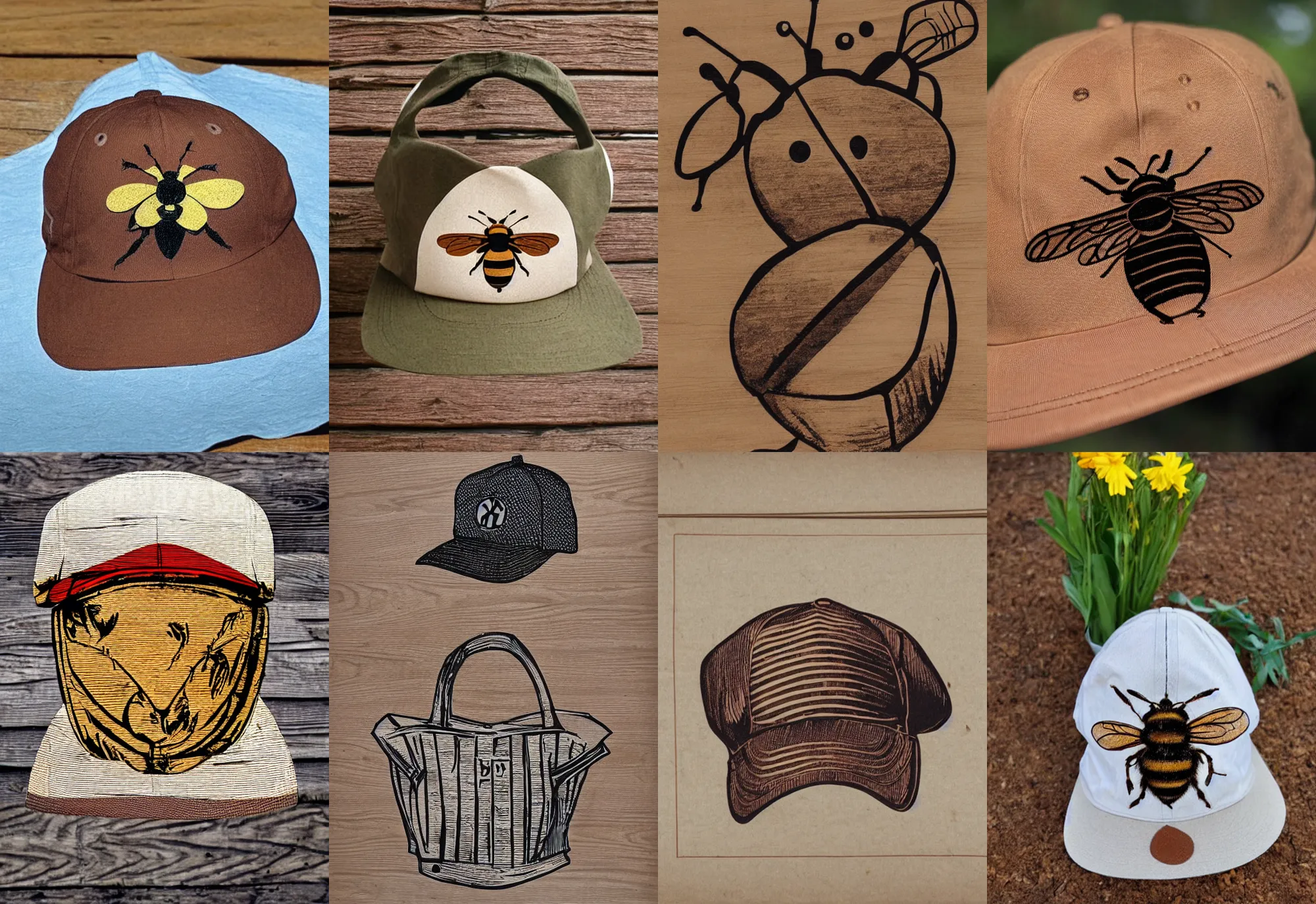 Prompt: a color photograph of a brown baseball cap handmade from a shopping bag with a large woodcut of a bee printed on the front