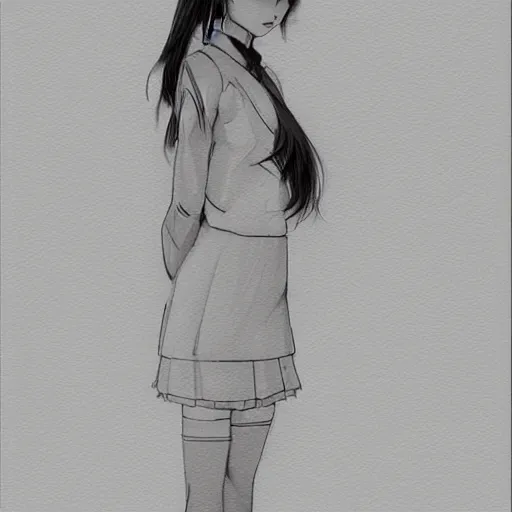 Prompt: a perfect, realistic professional digital sketch of a Japanese schoolgirl posing, in style of Marvel, full length, by pen and watercolor, by a professional American senior artist on ArtStation, a high-quality hollywood-style sketch, on high-quality paper
