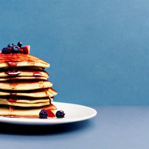 Prompt: a stack of pancakes, berries, blue painted wall, a portrait of a young lady, a bowl of sugar