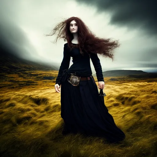 Prompt: photographic portrait of a stunningly beautiful female scottish highlands witch dark moody clouds, contemporary fashion shoot, by edward robert hughes, annie leibovitz and steve mccurry, david lazar, jimmy nelsson, breathtaking, 8 k resolution, extremely detailed, establishing shot, artistic, hyperrealistic, perfect face, octane render