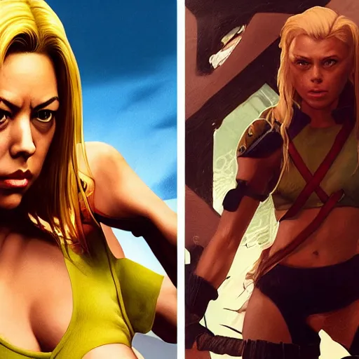 Prompt: aubrey plaza as cammy street fighter, long blonde hair, ultra realistic, concept art, intricate details, highly detailed, photorealistic, octane render, 8 k, unreal engine, art by frank frazetta, simon bisley, brom