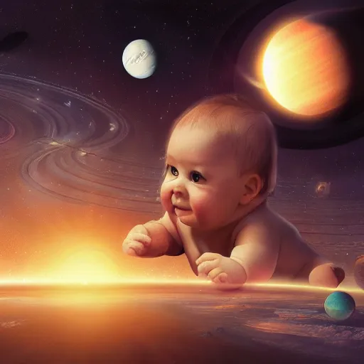 Image similar to all of the planets revolving around a giant Baby, beautiful, oil on canvas, intricate, 8k highly professionally detailed, HDR, CGsociety