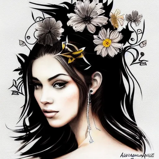 Image similar to tattoo design, stencil, traditional, beautiful portrait of a girl with flowers in her hair by artgerm, artgerm, digital art