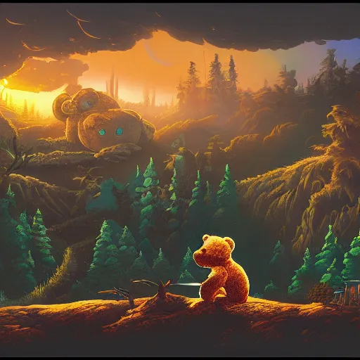 Image similar to a paint of dan mumford, of a robotic teddy bear painting a picture of a cute bear, in the background an apocalyptic panorama, artstation