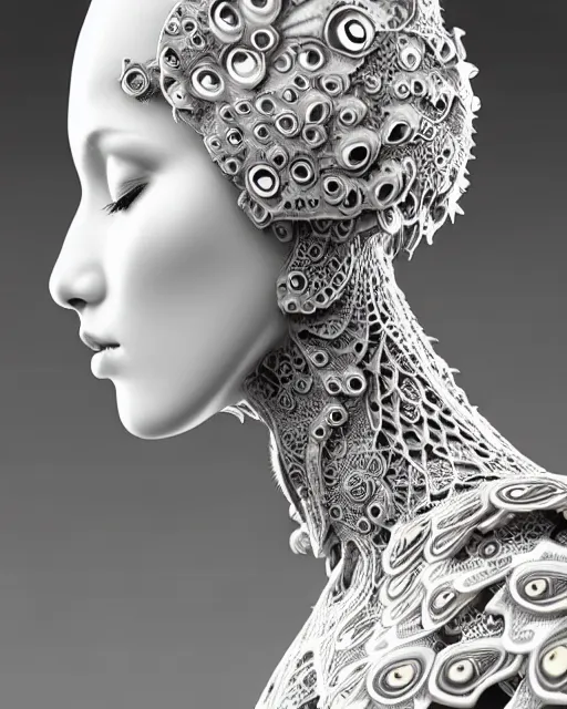 Prompt: bw dreamy close - up profile face, beautiful young porcelain intricate steampunk bio - mechanical vegetal - dragon - cyborg - female, white metallic armour, white peacock feathers, fine mandelbrot fractal lace, 1 5 0 mm, soft rim light, elegant, hyper real, ultra detailed, octane render, hg giger, 1 6 k
