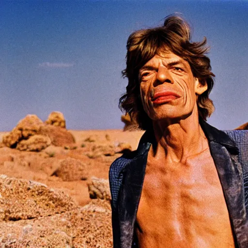 Image similar to mick jagger in a dry rocky desert landscape, visible sky and sunny atmosphere, fata morgana by alejandro jodorowsky, anamorphic lens, kodakchrome, 8 k -