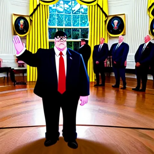 Prompt: peter griffin being sworn into the white house, realistic, beautiful composition, sharp focus, sharp focus