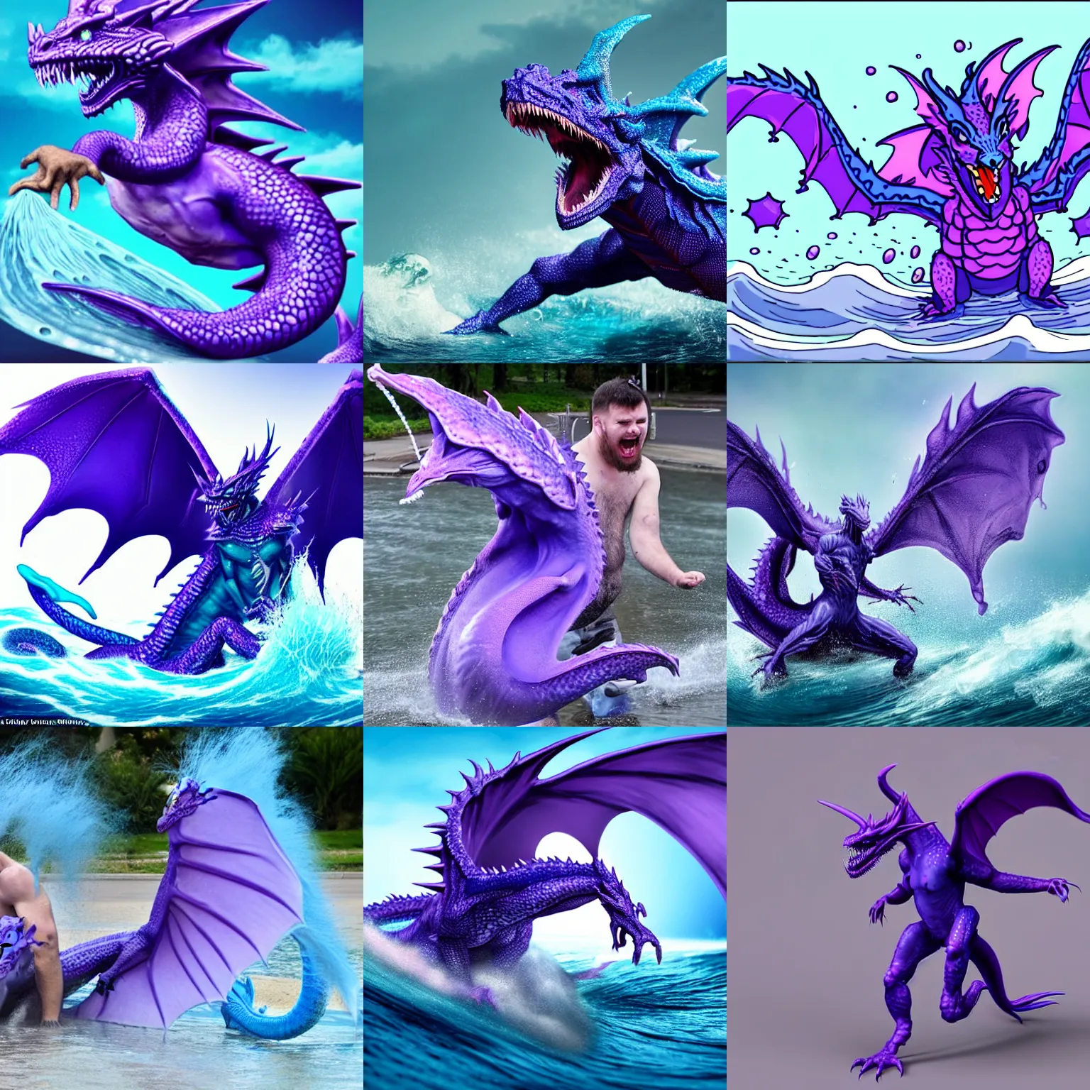 Prompt: man getting hit by a small wave of blue goo, transforming him into a violet dragon, in the style of raiinbowraven, tail, wings, lizardlike tongue, gooey, slimey,