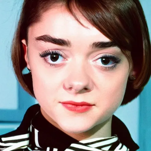 Image similar to A young woman who looks like a cross between Audrey Hepburn and Maisie Williams. Amused. Flirty.