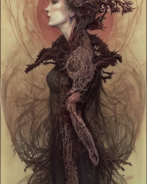 Image similar to a beautiful detailed front view portrait of a dead rotten princess with ornate growing around, ornamentation, elegant, beautifully soft lit, by wayne barlowe, peter mohrbacher, kelly mckernan