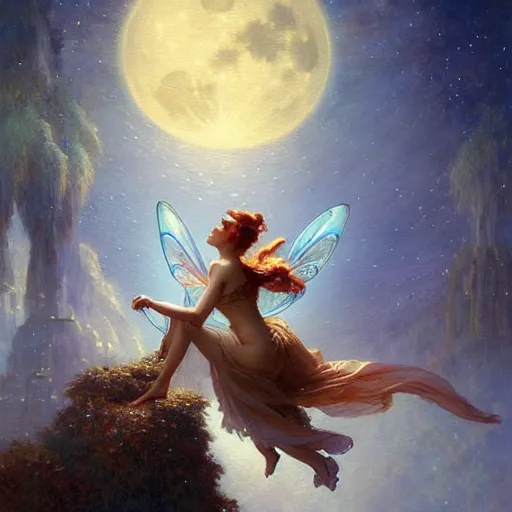 Image similar to attractive fairy magically floating high in the night, fantasy, full moon in background. highly detailed painting by gaston bussiere, craig mullins, j. c. leyendecker, mid shot, 8 k realistic, cryengine, frostbite 3 engine, sharp focus