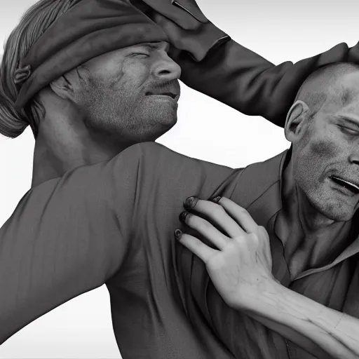 Prompt: man being grabbed by another man, photorealistic, high detail