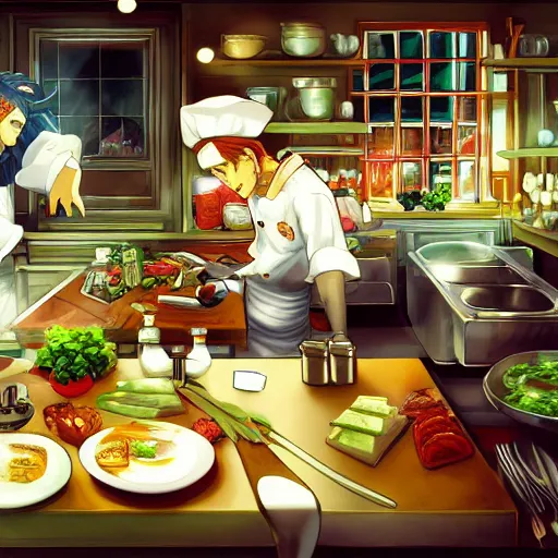 Image similar to chef's kitchen, intricate cluttered visual novel background, busy, shiny, painterly, professional, trending on pixiv