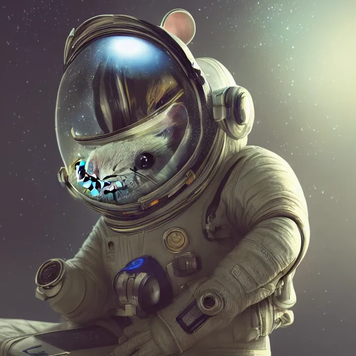 Prompt: very detailed portrait of a majestic mouse, dressed in a spacesuit, sci - fi, futuristic, details, intricate, octane render, redshift, smooth, illustration, fairy lighting, stars and planets in the background, hyperrealistic, by dmitry prozorov, loish, and wlop, trending on artstation, hyperdetailed, hyperrealism