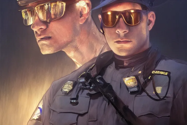 Prompt: Beautiful portrait of a translucent body glowing male police officer wearing cool shades. wide angle, magic, fire, darkness, dramatic lighting, Africa, intricate, wild, highly detailed, digital painting, artstation, concept art, smooth, sharp focus, illustration, art by artgerm and greg rutkowski and alphonse mucha, footage from space camera