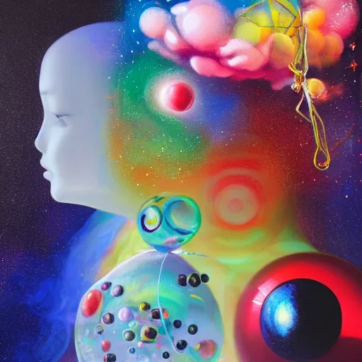 Image similar to surreal gouache painting, yoshitaka amano, ruan jia, bubbles, orbs, incredibly detailed, of floating molecules and a mannequin artist holding an icosahedron with stars, clouds, and rainbows in the background, retrowave, modular patterned mechanical costume headpiece, artstation masterpiece, minimalistic