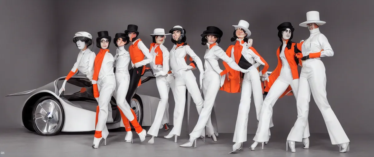 Prompt: a wide angle shot of a clockwork orange female droog gang, beautiful soft features, designed by artgerm and a red pininfarina sportscar in the background hdr, 8 k, hyperrealistic, volumetric lighting