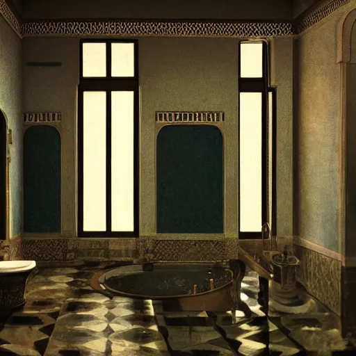 Prompt: detailed painting of a bladerunner bathroom, majestic solemn ornaments and solemn architecture in morocco, artstation, bouguereau, cinematic