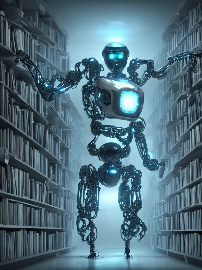 Prompt: an artificial intelligence robot designed by the elder gods in a library hyperealistic hdr cinematic lighting cgi render photorealistic cinematic