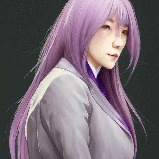 Prompt: kyoko kirigiri!!!!!!!, a japanese girl with pale!! lavender hair and a purple suit jacket, portrait by artgerm, greg rutkowski and alphonse mucha, absolutely gorgeous, detective