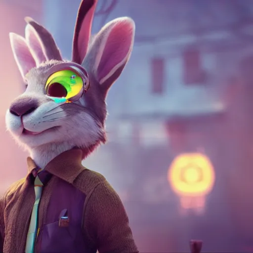 Image similar to portrait of a incredibly cute bunny killer rabbit, zootopia, cgi, blade runner, cyberpunk background, trending on artstation