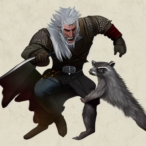 Image similar to geralt of rivia vs a giant racoon, digital art