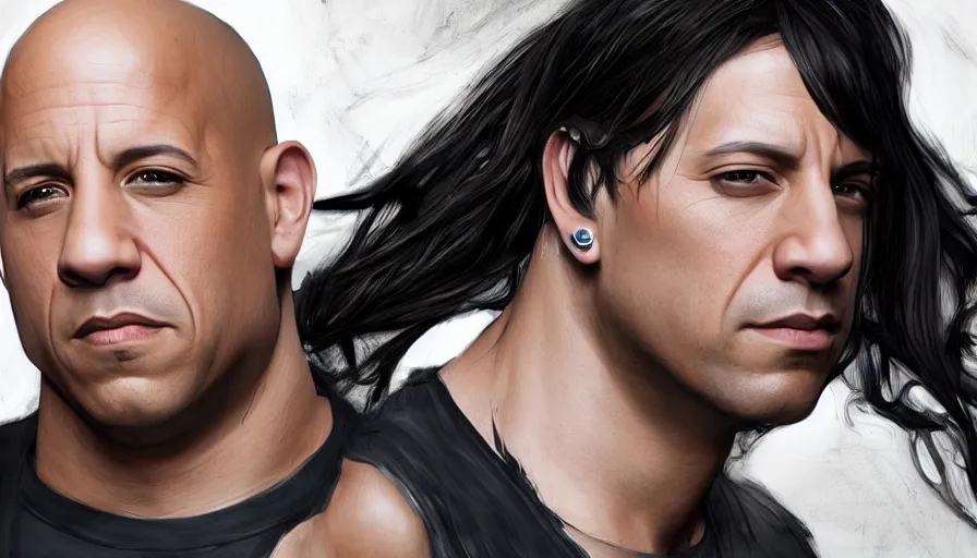 Prompt: Vin Diesel with long black hair, hyperdetailed, artstation, cgsociety, 8k