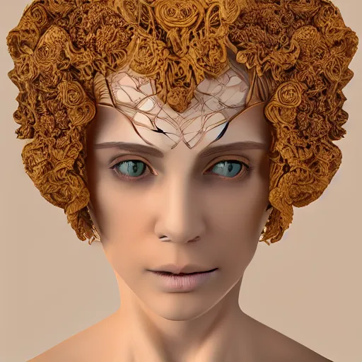 Image similar to beatifull face portrait of a woman, 150 mm, anatomical, flesh, flowers, mandelbrot fractal, facial muscles, veins, arteries, intricate, golden ratio, full frame, microscopic, elegant, highly detailed, ornate, ornament, sculpture, elegant , luxury, beautifully lit, ray trace, unreal, 3d, PBR, in the style of peter Gric , alex grey and Romero Ressendi