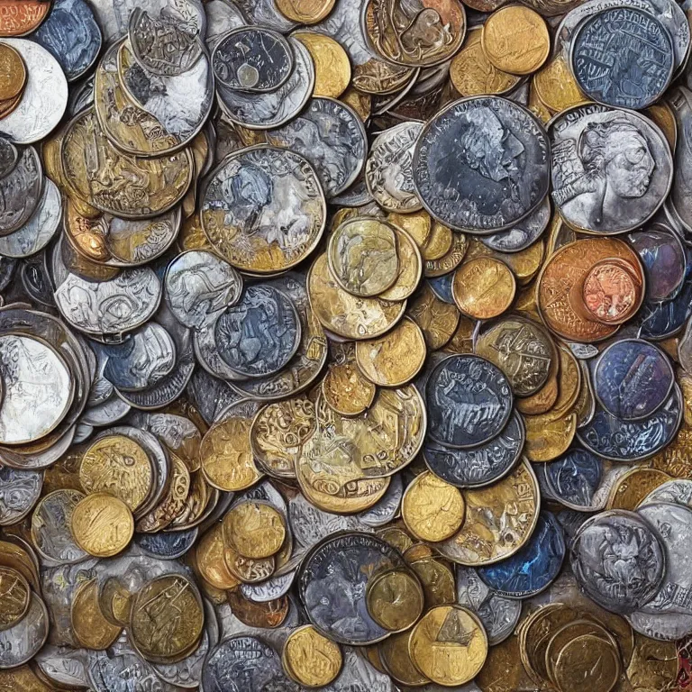 Prompt: modern coin shop and lots of coins. cinematic. intricately detailed acrylic painting