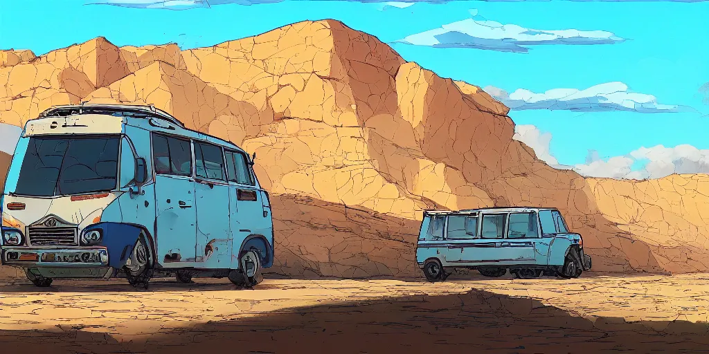 Image similar to an israeli bus driving in the negev, noon, sunlights, wide shot, digital art, ghibli style, vivid colors, flat colors, trending on artstation, high quality