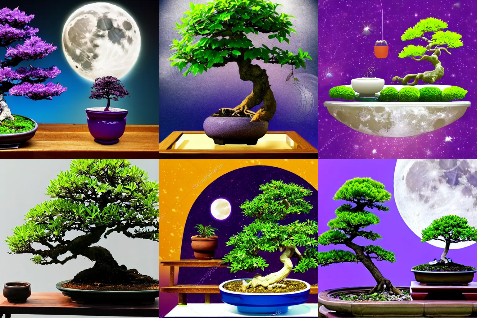 Prompt: moon resting under bonsai tree with purple leaf, holding a lemonade