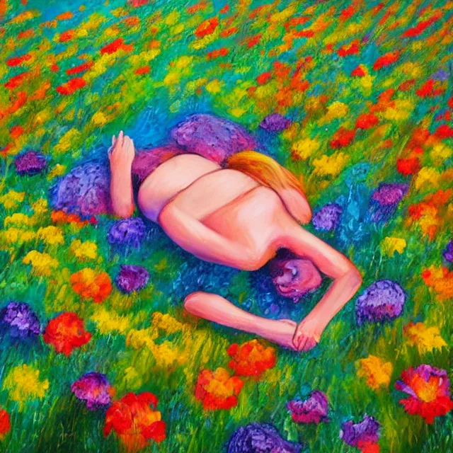Image similar to rainbow person laying in a flower meadow, colorful oil painting