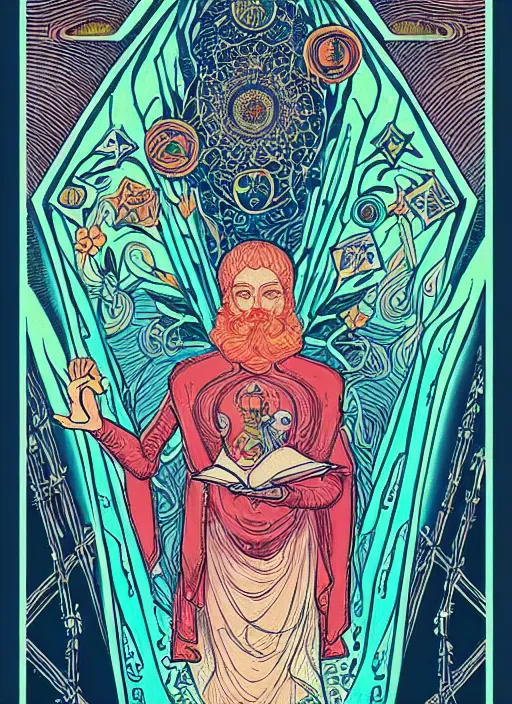 Prompt: beautiful tarot illustration of the hierophant, in the style of james jean and victo ngai, mystical colors, trending on artstation