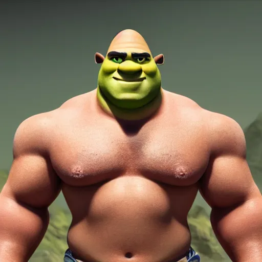 Image similar to muscular shrek with short brown curly hair with bangs and a chiseled jawline as he pridefully flexes his muscles intensely, realistic hyperrealistic 4 k resolution 8 k resolution highly detailed very detailed extremely detailed hd quality detailed face very detailed face extremely detailed face trending on artstation