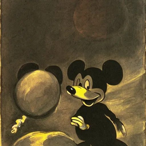 Image similar to mickey mouse as ( ( saturn devouring his son ) ) by francisco goya mickey eating pluto, dramatic dark painting by francisco goya and william blake