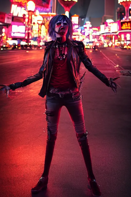 Prompt: full body portrait of a blood punk vampire, realistic proportions, coherent face, background of las vegas strip at night, cinematic, hyper realism, high detail, octane render, 8k, cgsociety