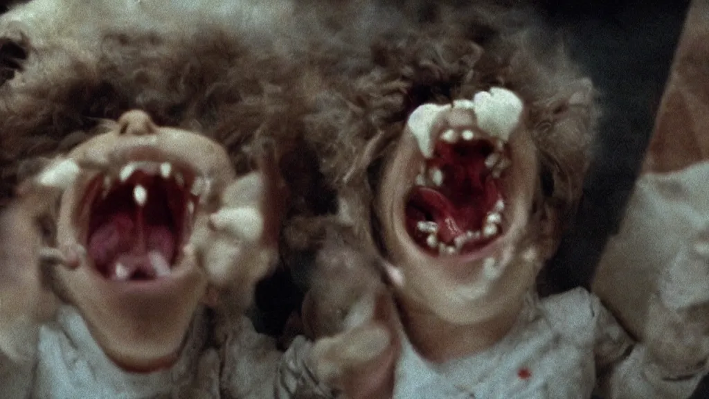 Prompt: a tossing sharp teeth, laughing maniacally, a satanic ritual, movie screenshot directed by Stephen Spielberg, and cinematography by Roger Deakins. Shot from a low angle. Cinematic. 24mm lens, 35mm film, Fujifilm Reala, f8