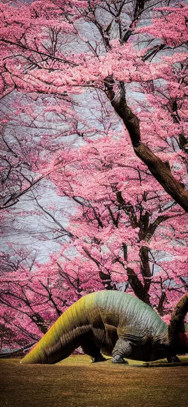 Image similar to “ a portrait photo of tyrannosaurus at a sakura tree, side shot, by shunji dodo, 8 k resolution, high quality ”