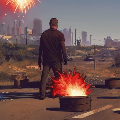 Image similar to huge black pack of c 4 - explosives on a red rusty oil - drum in gta v, stephen bliss, unreal engine, fantasy art by greg rutkowski, loish, rhads, ferdinand knab, makoto shinkai and lois van baarle, ilya kuvshinov, rossdraws, tom bagshaw, global illumination, detailed and intricate environment